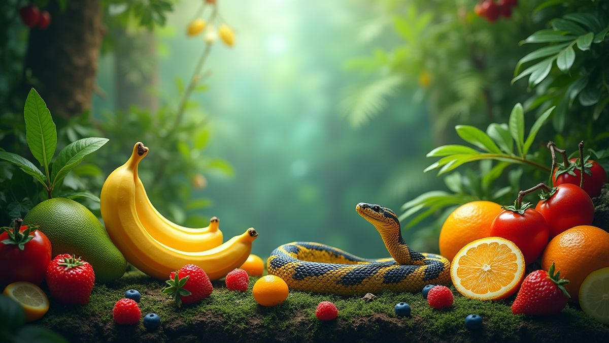 Una jungla colorida con frutas exóticas y una serpiente juguetona