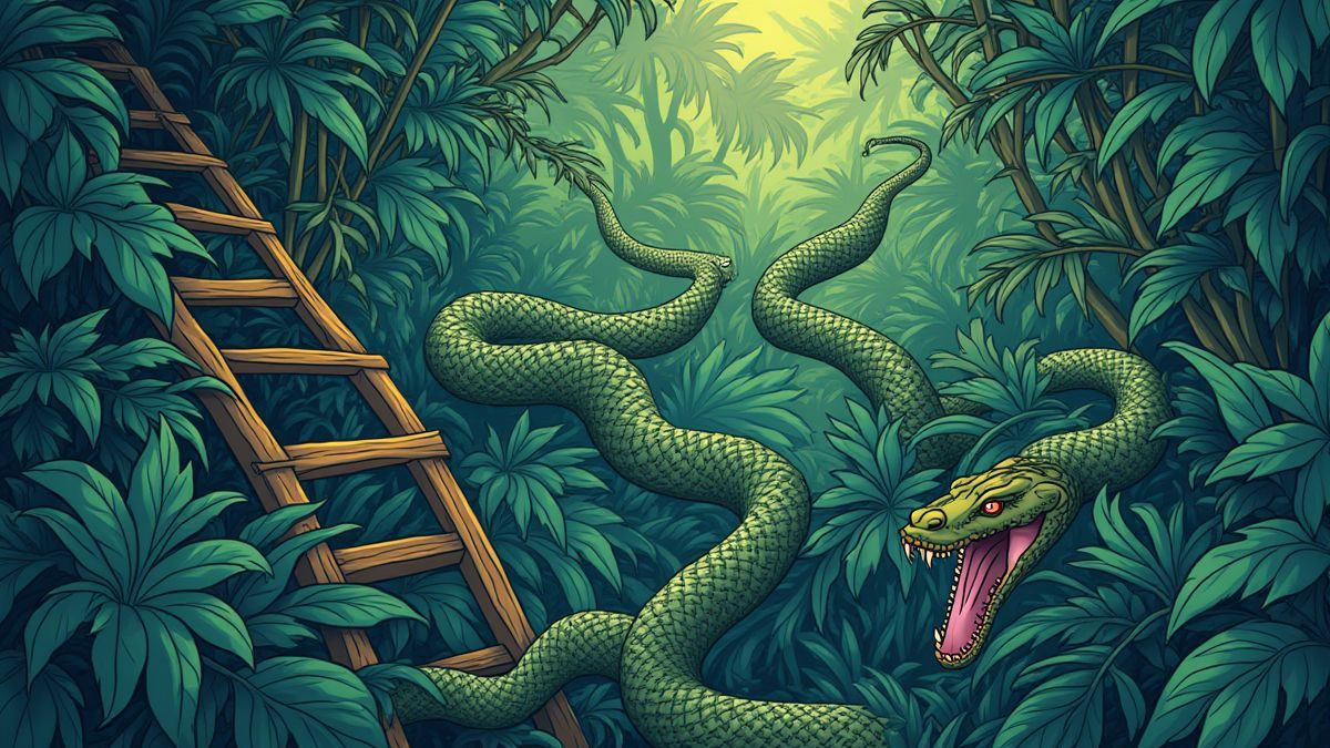 Illustration of a jungle with snakes and ladders.