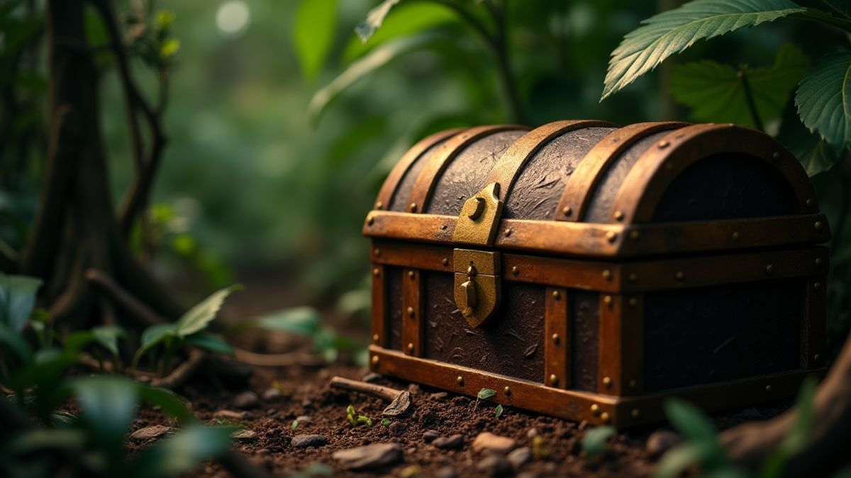 Shiny treasure chest surrounded by jungle elements.