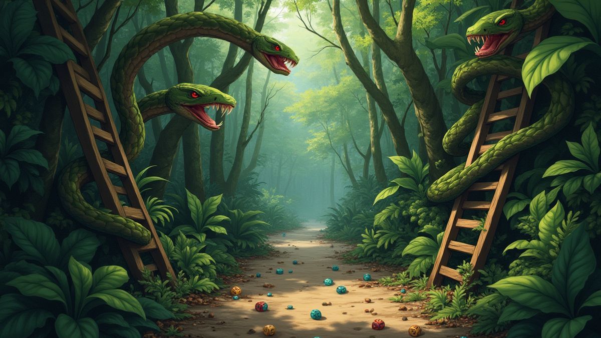 Uma jungla com serpentes emaranhadas em escadas e dados espalhados pelo chão.