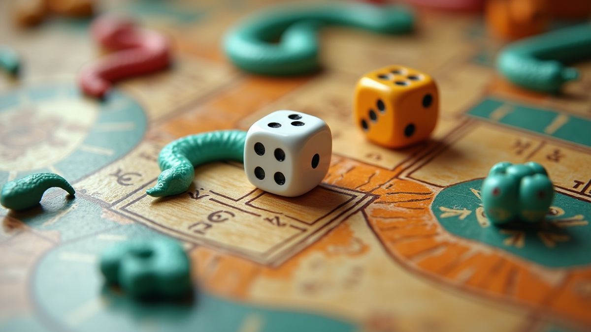 Um tabuleiro de jogo com serpentes, escadas e dados em ação.