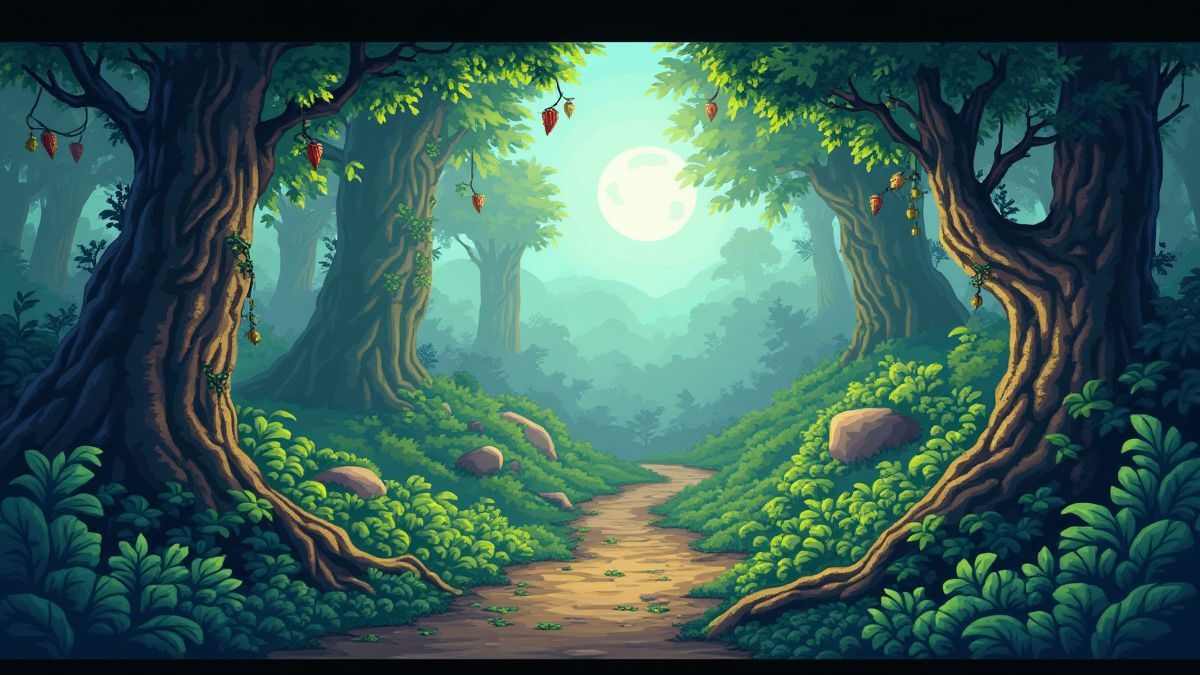 Paisagem de jungla estilo 8 bits com serpentes e escadas.