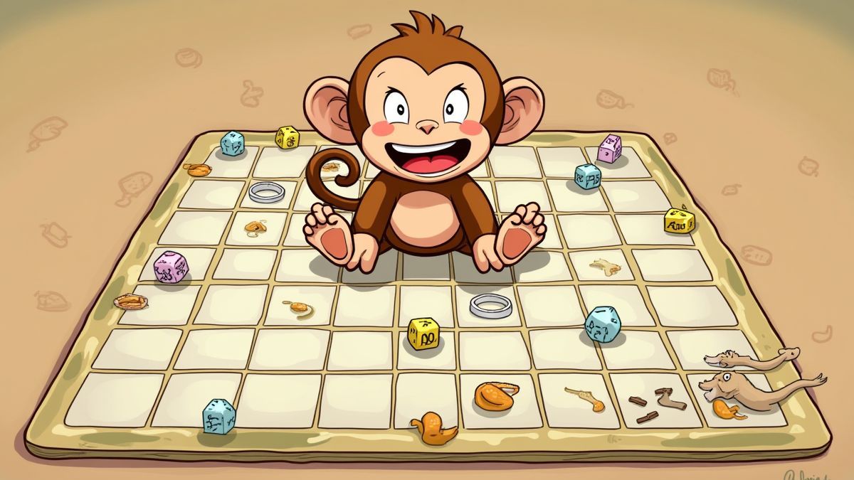Mono divertido lançando dados em um tabuleiro cheio de casas.