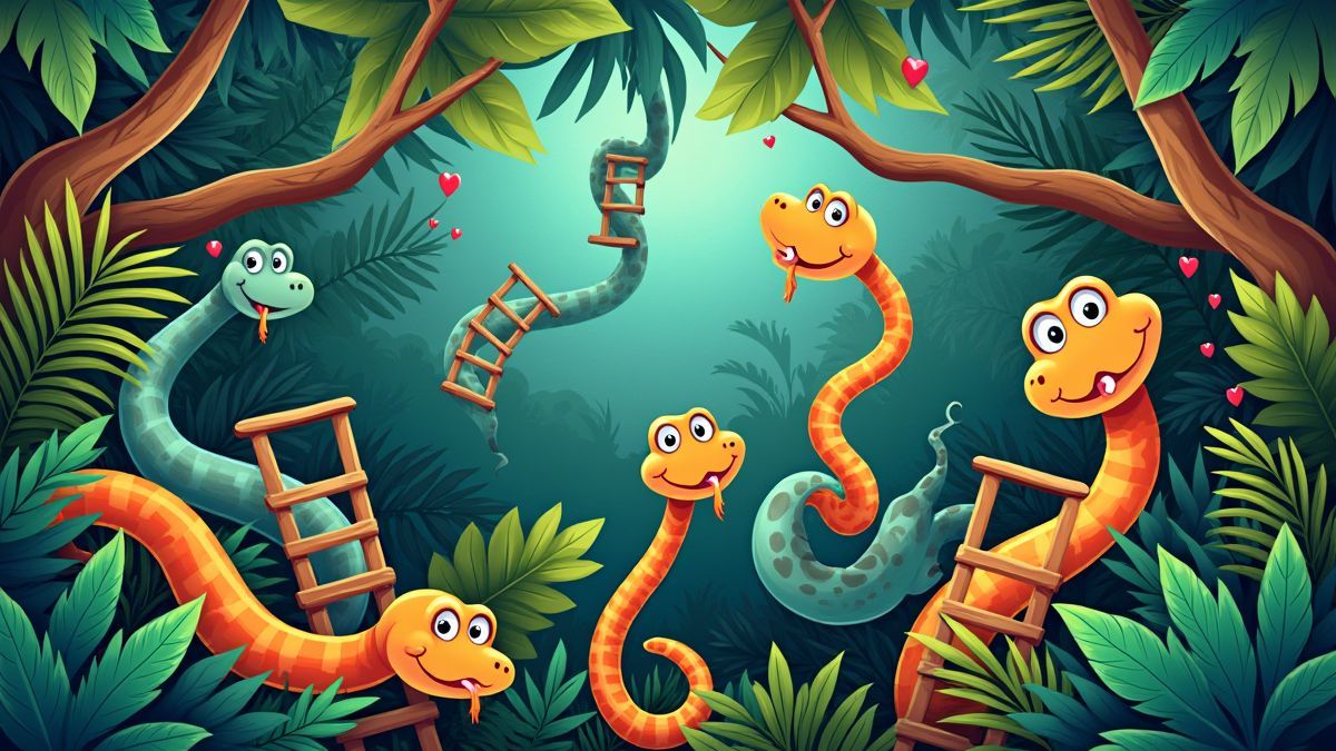 Een achtergrond van een levendige jungle met verweven slangen en ladders.