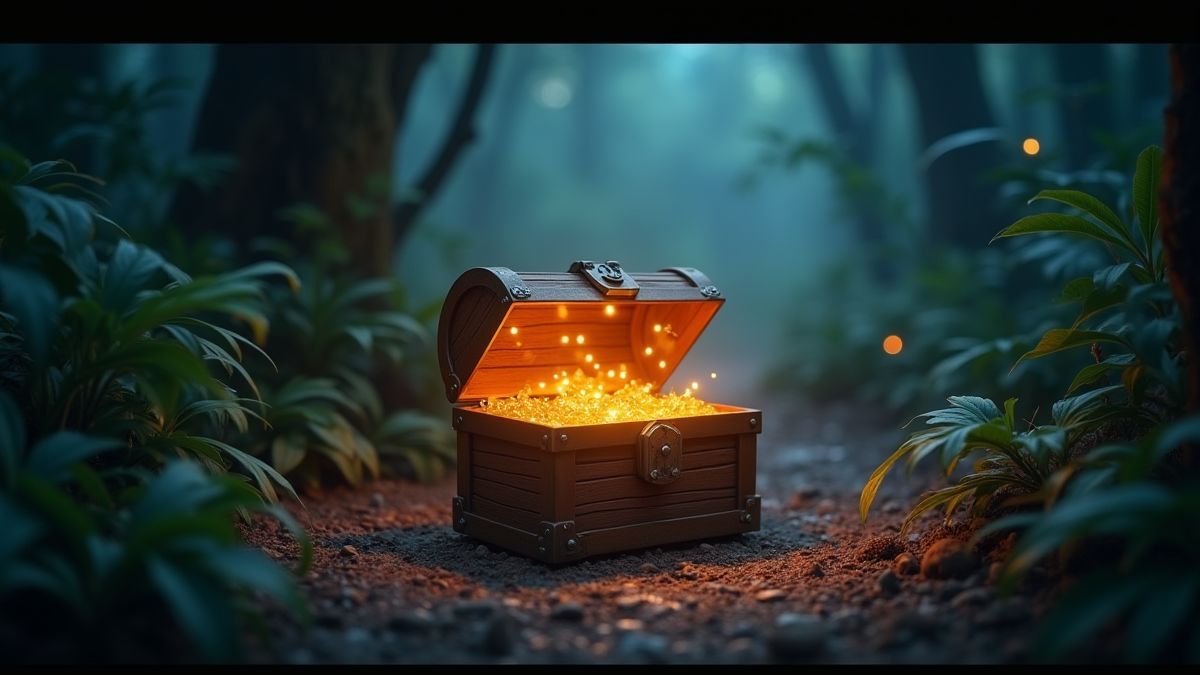 Een geanimeerde schatkist die gloeit in een jungle omgeving.