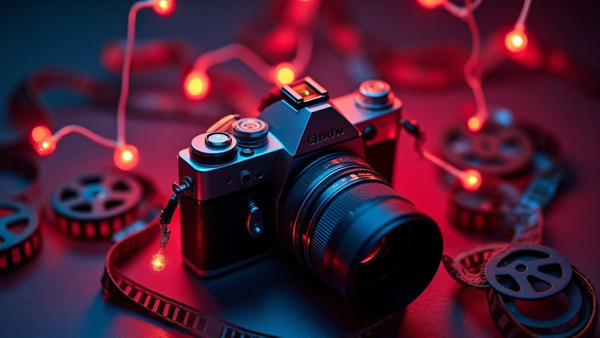Uma câmera retro rodeada de carretes de película e luzes de néon.