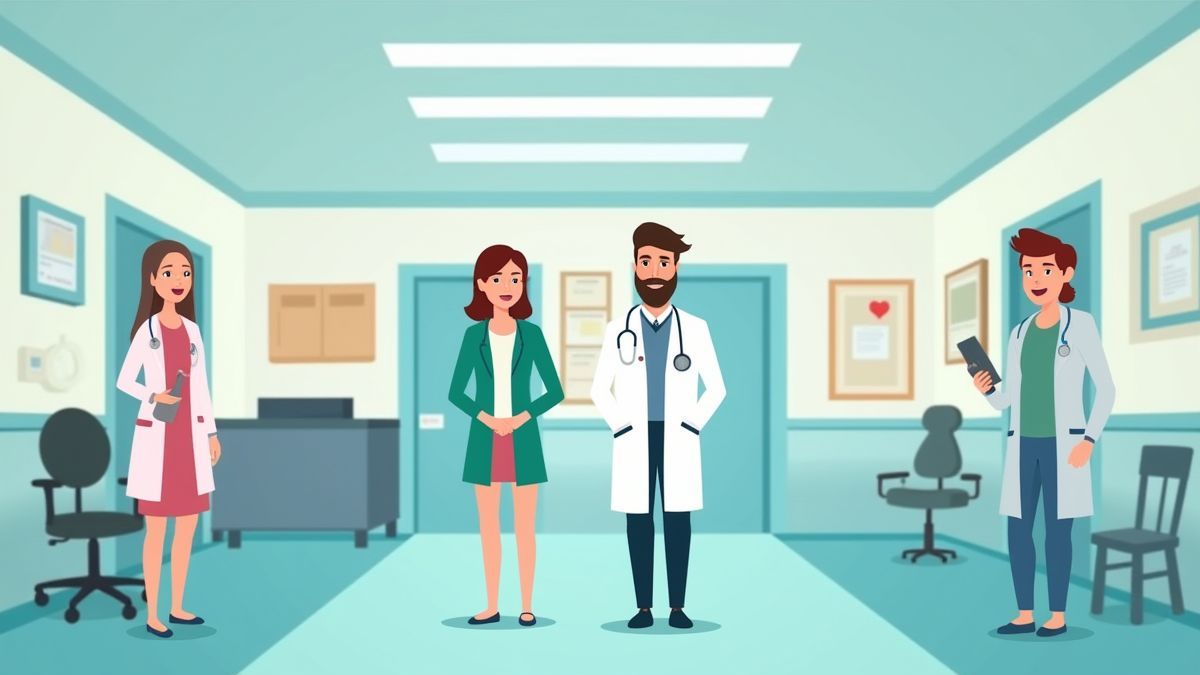 Ziekenhuisomgeving met animatie van verpleegsters en dokters.