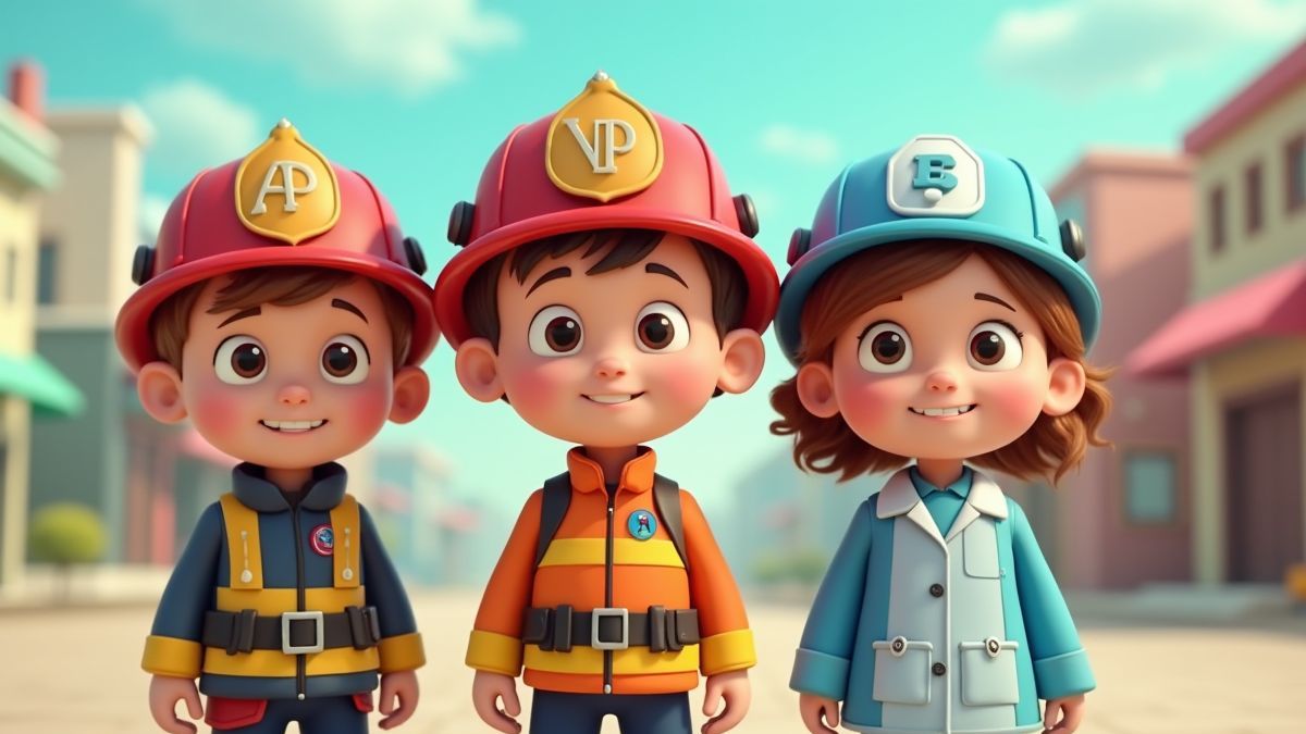 Firefighter, policeman, and doctor helmets in animated style.