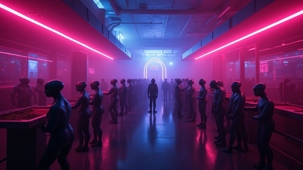 A futuristic nightclub with neon lights and humanoid aliens dancing.