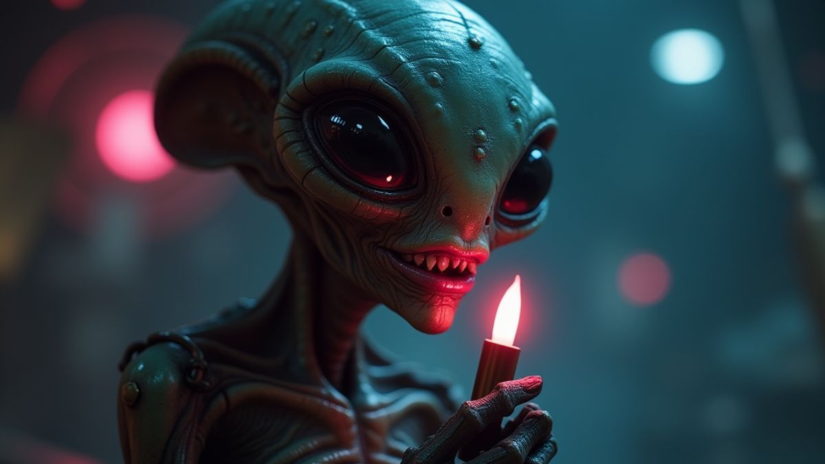 An alien holding a glowing lipstick in a futuristic setting.