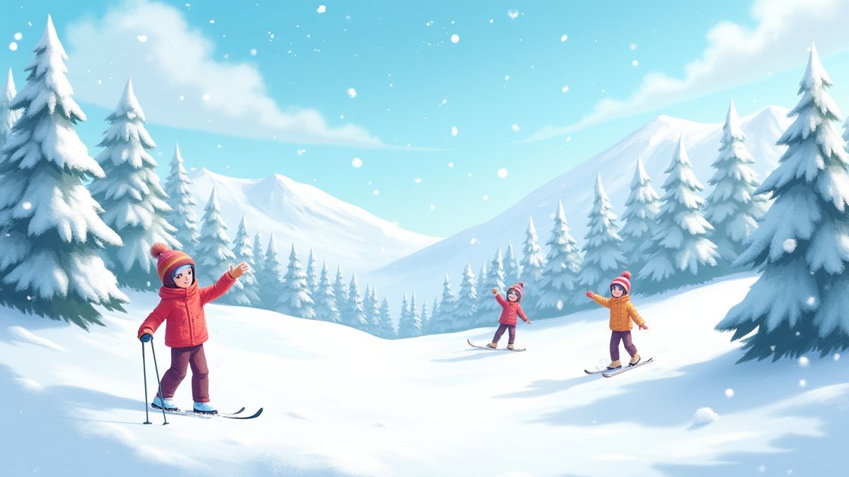 Resort de ski enneigé avec des personnages jouant dans la neige.