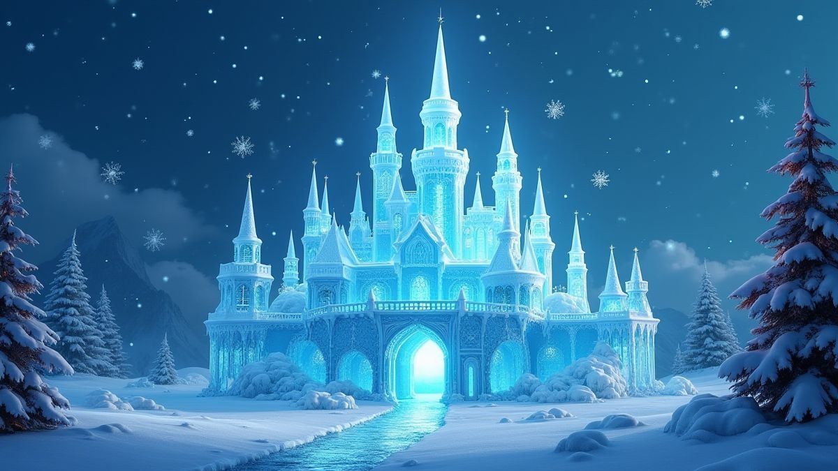 Château de glace entouré de flocons de neige et de lumières chaleureuses.