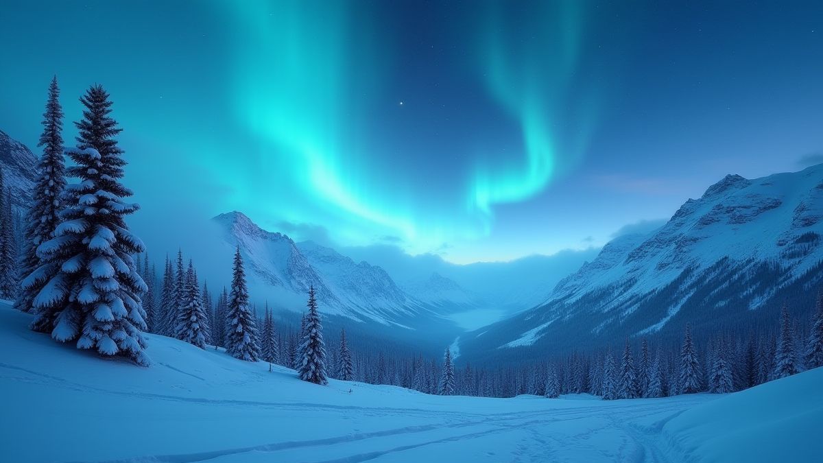 Besneeuwd berglandschap met aurora borealis.