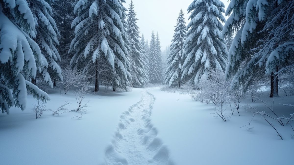Besneeuwd bos met sporen van dieren die naar een verborgen schat leiden.