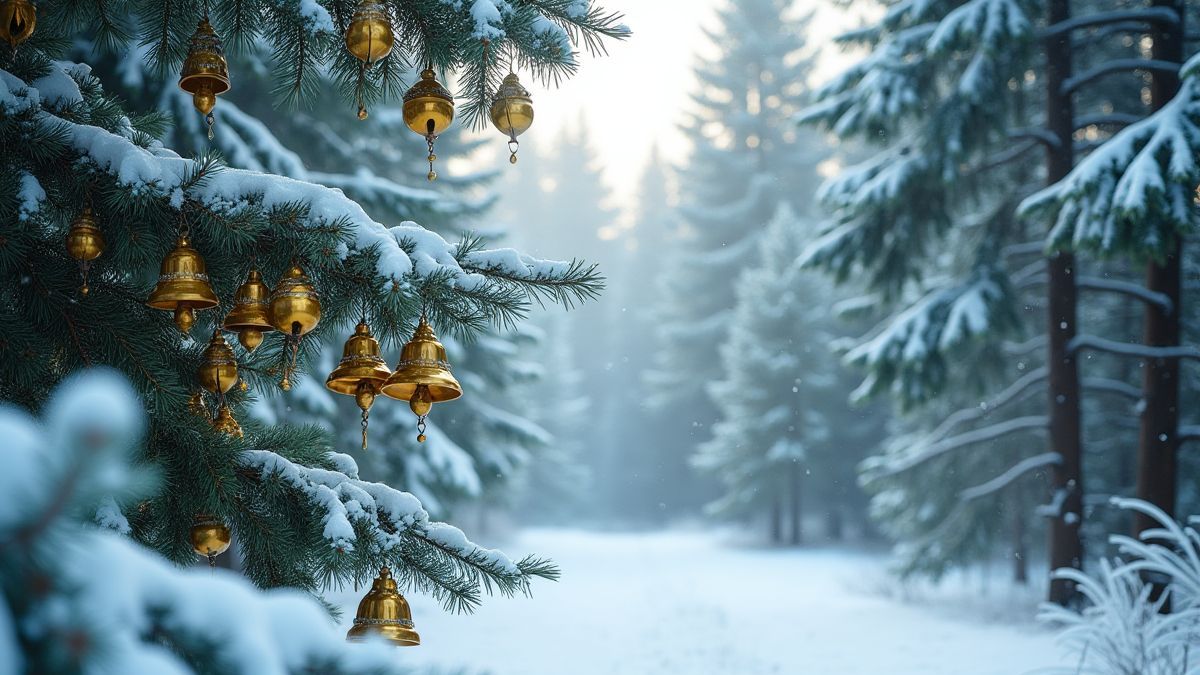 Verschneiter Wald mit goldenen Glocken, die von den Ästen hängen.