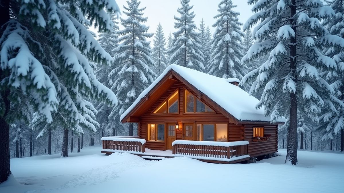 Gemütliche Hütte umgeben von schneebedeckten Bäumen.
