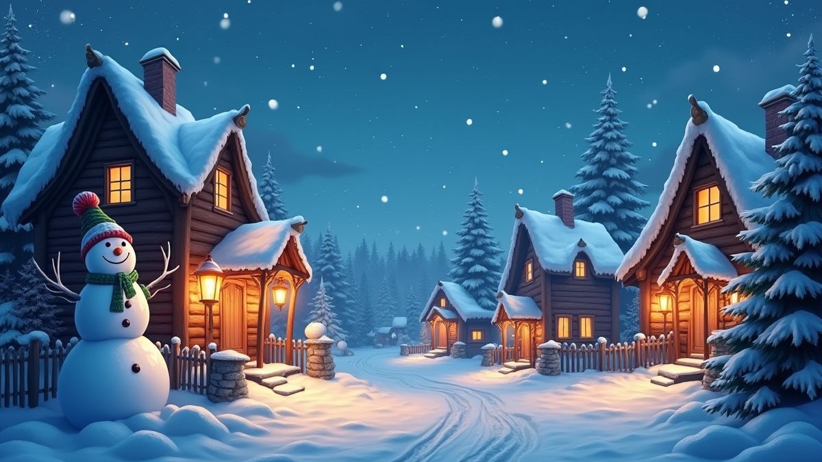 Een besneeuwd dorp met gloeiende lantaarns en blije sneeuwpoppen.