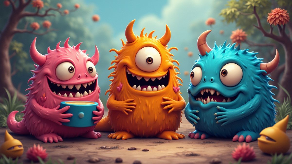 Lustige Monster spielen zusammen in einer lebhaften Umgebung