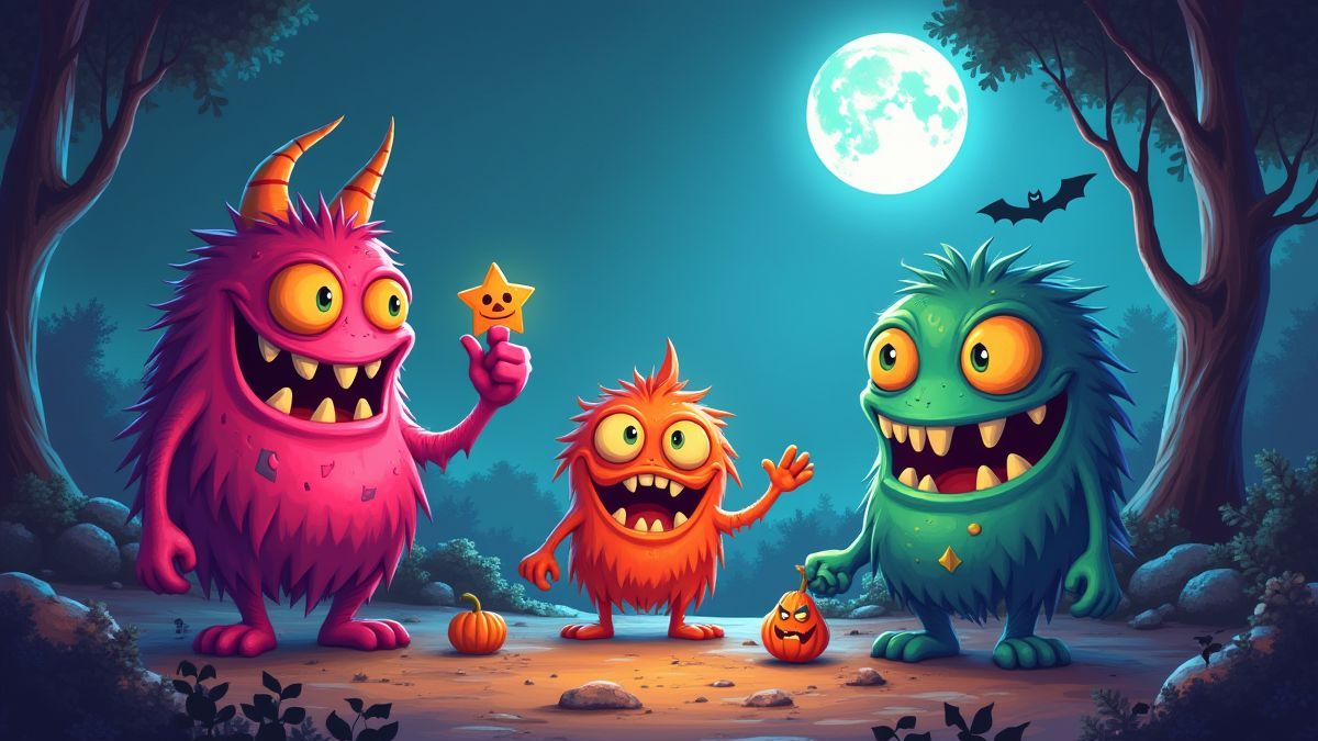 Cartoonartige Monster in einer spaßigen und gruseligen Umgebung
