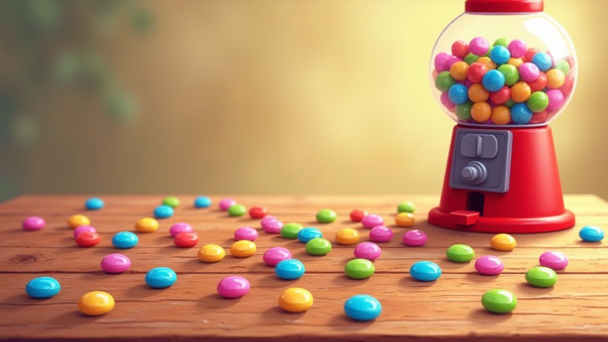 Caramelos coloridos y máquina de gumballs sobre una mesa.