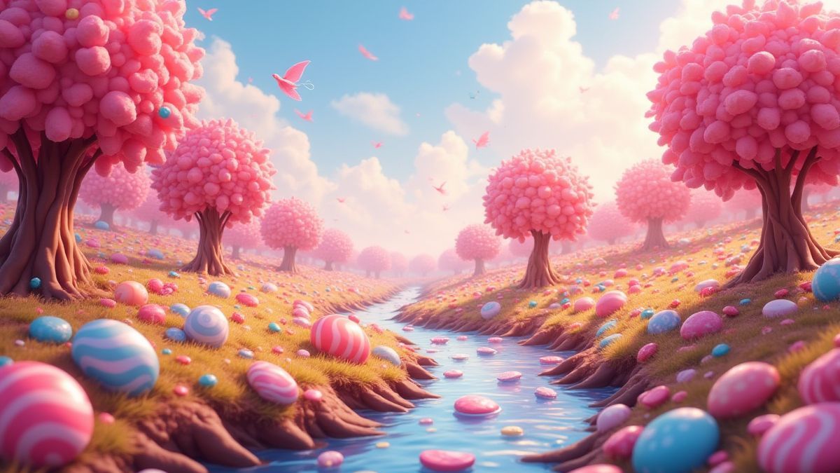 Un mundo animado lleno de árboles de caramelos y ríos de chocolate.