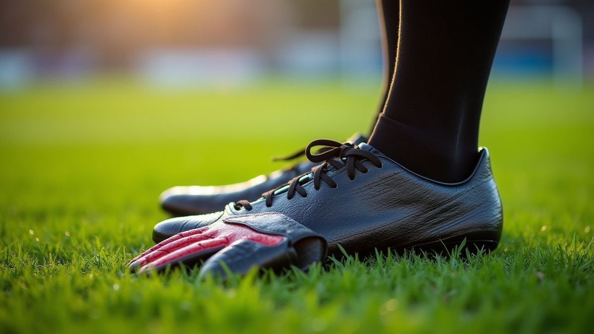 Botas de fútbol y guantes sobre un campo de césped.