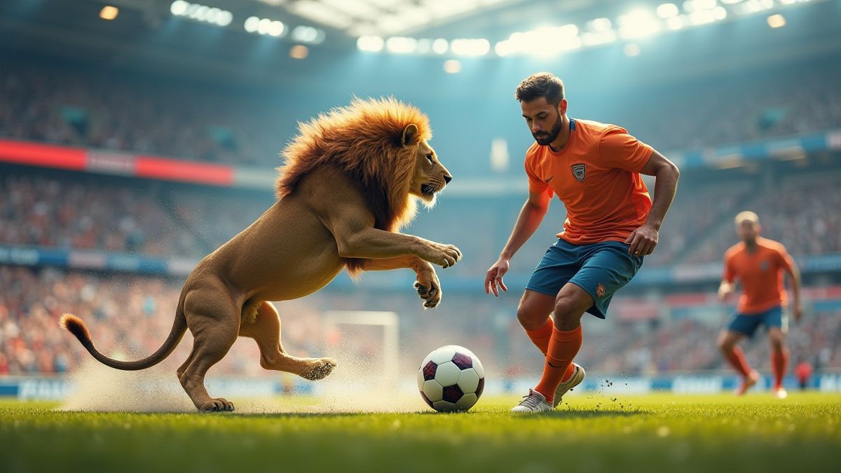 Löwe erzielt einen Elfmeter gegen einen Leoparden-Torwart.