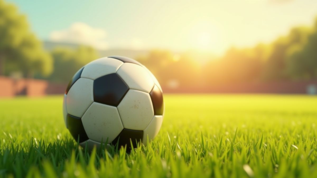 Bola de futebol sobre um campo de grama sob um sol brilhante.