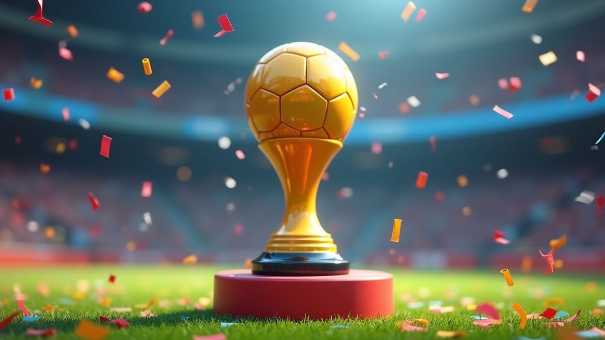 Troféu de futebol vibrante cercado por confetes.