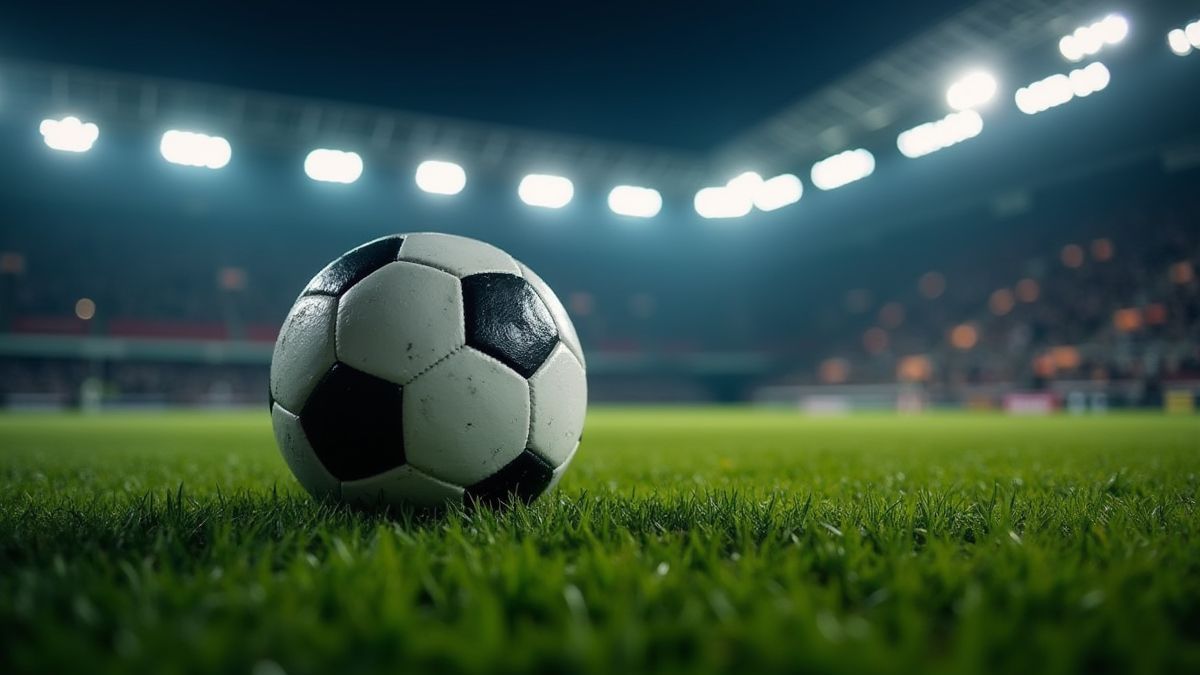 Uma bola de futebol sobre a grama sob as luzes do estádio.