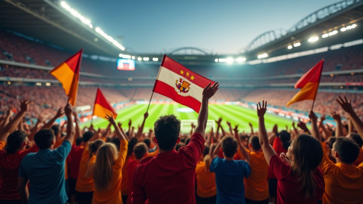 Aficionados em um estádio de futebol animando e agitando bandeiras.