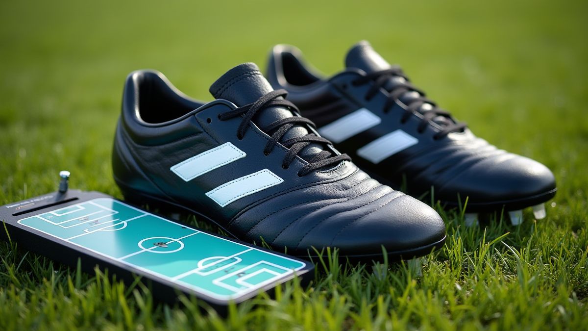 Botas de futebol sobre a grama ao lado de uma lousa tática.