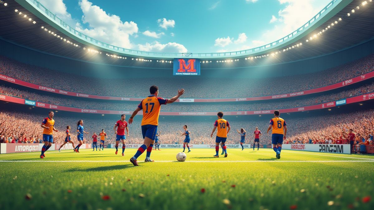 Campo de futebol animado com jogadores e público celebrando.