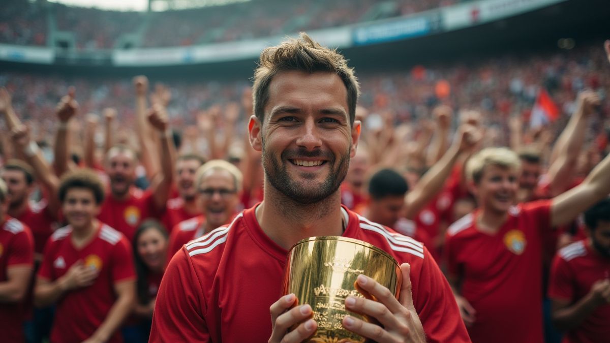 Aficionado ao futebol segurando um troféu diante de uma multidão.