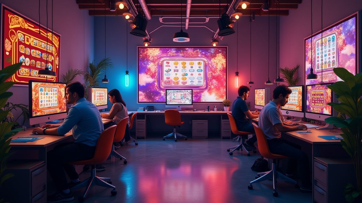 Studio créatif avec des designers travaillant sur des thèmes de machines à sous colorés.