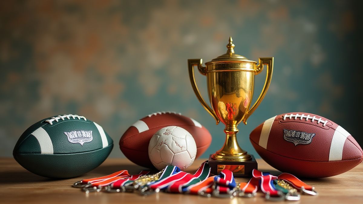Sportartikelen zoals ballen en trofeeën.