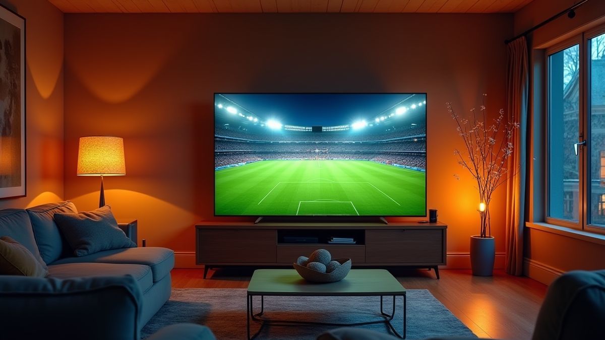 Een woonkamer met een televisie die een sportevenement toont.