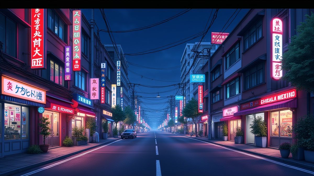 Straßen beleuchtet mit Neonlichtern in einer asiatischen Stadt bei Nacht.