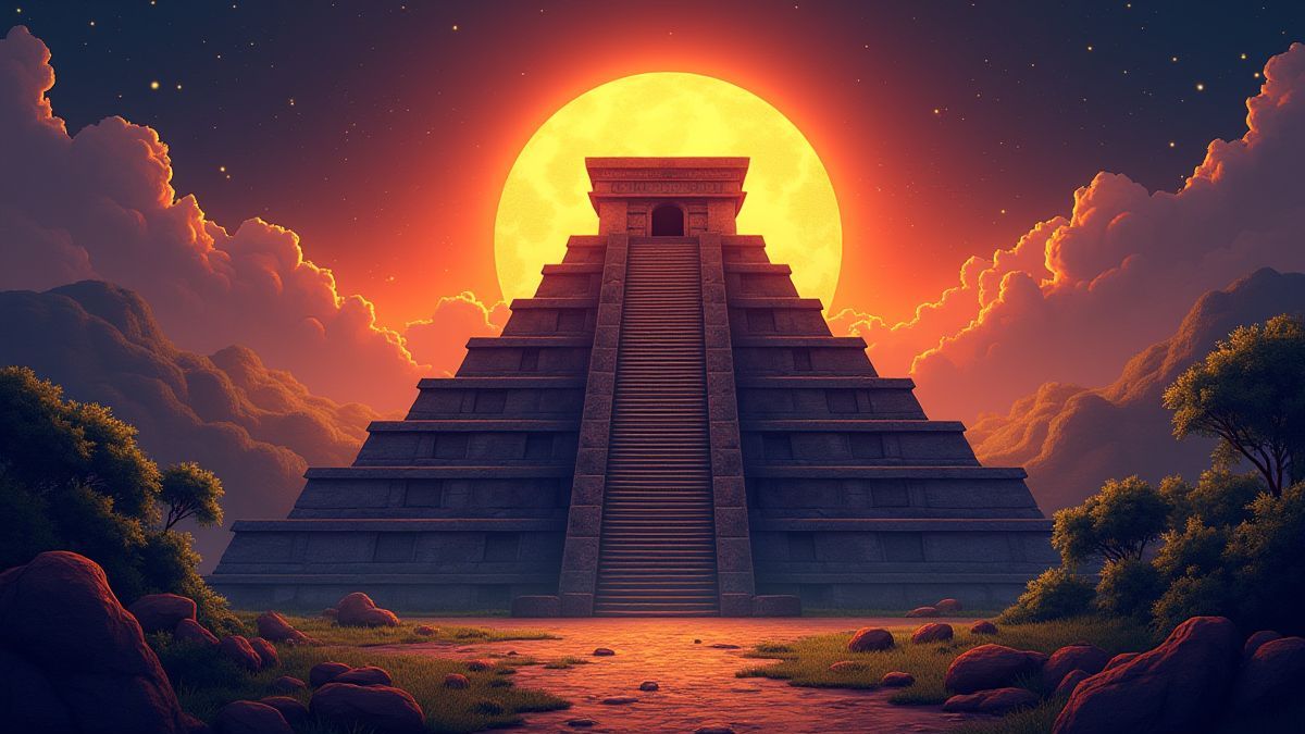 Un templo azteca con elementos brillantes del sol y la luna.