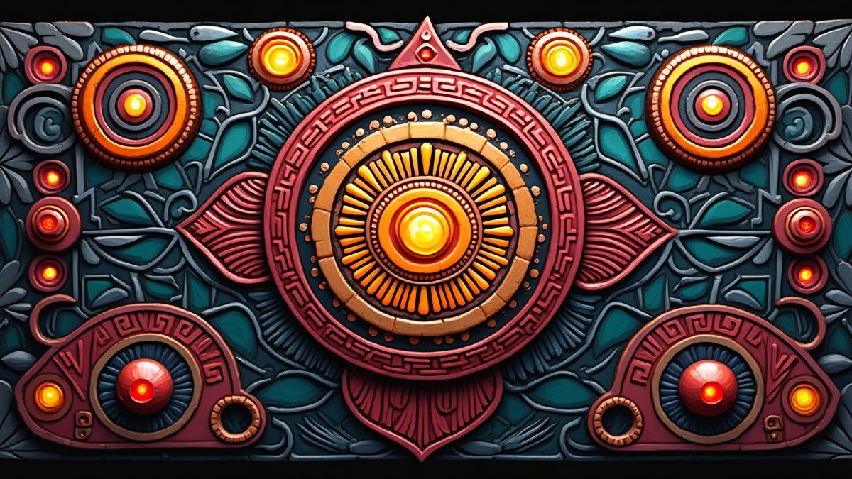 Diseño vibrante inspirado en los aztecas con tallas intrincadas.