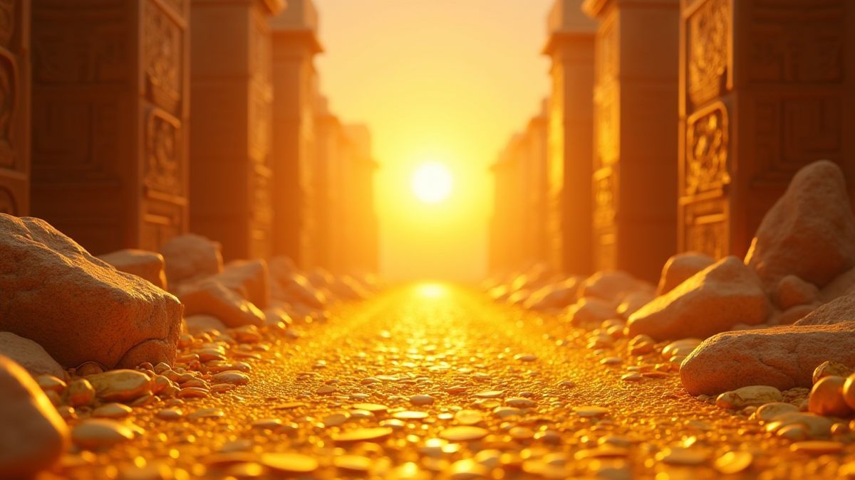 Ägyptische Schatztruhen aus Gold unter dem Sonnenlicht.