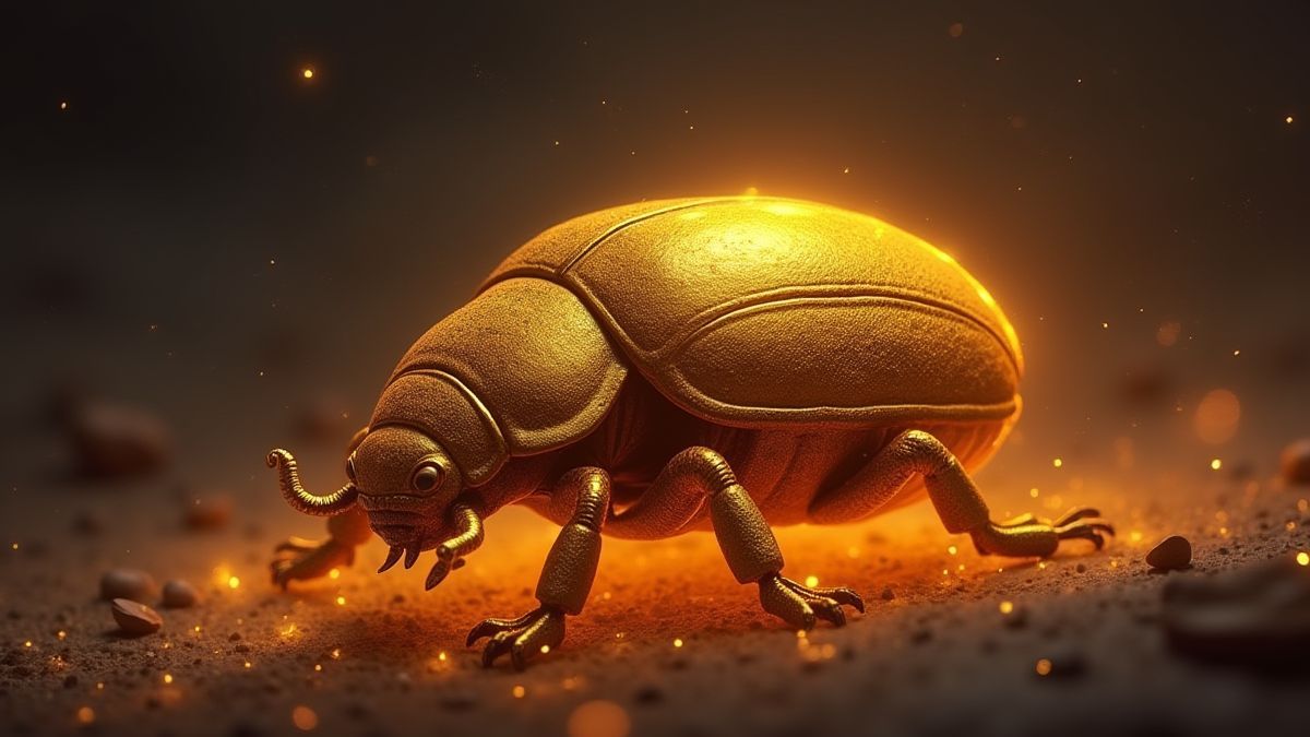 Escarabajo dorado resplandeciente en un entorno místico egipcio.