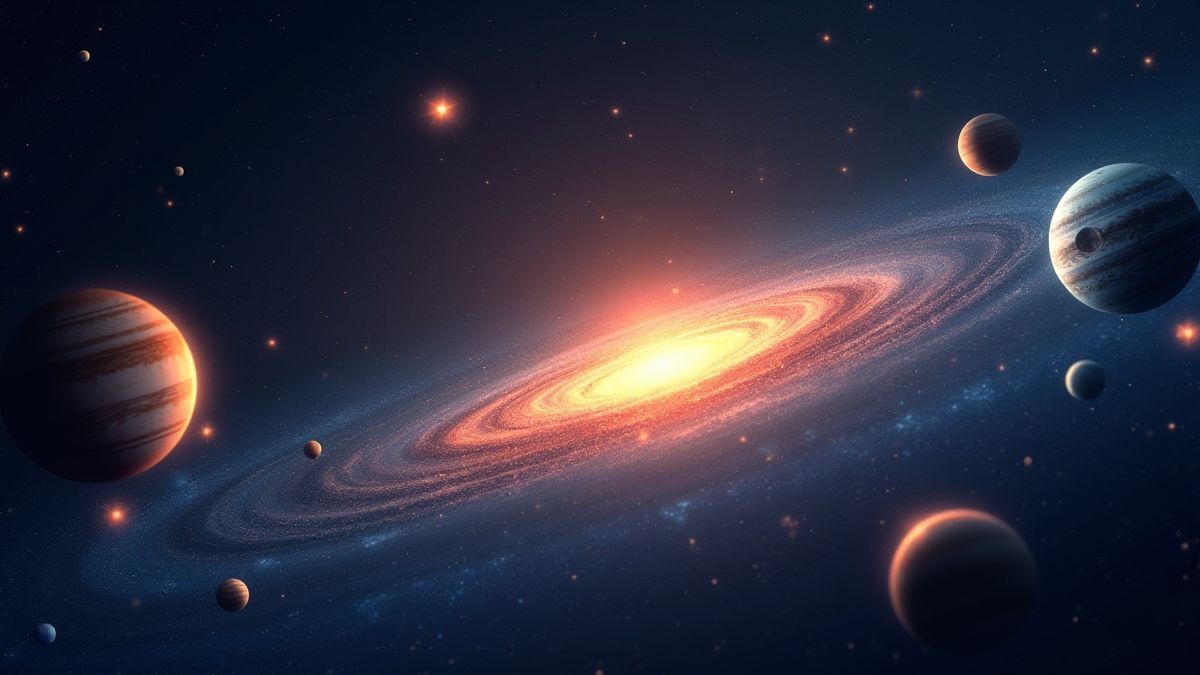 Animierte galaktische Symbole, die vor einem dunklen kosmischen Hintergrund rotieren.