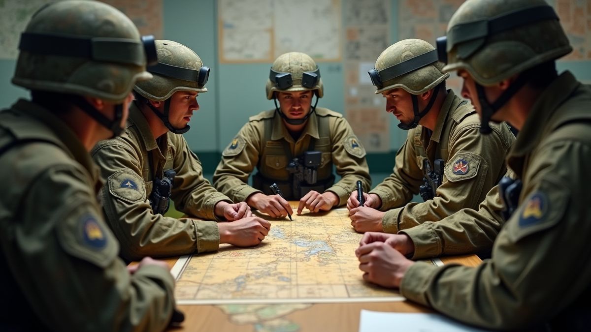 Soldados equipados planejando uma estratégia ao redor de uma mesa com um mapa.