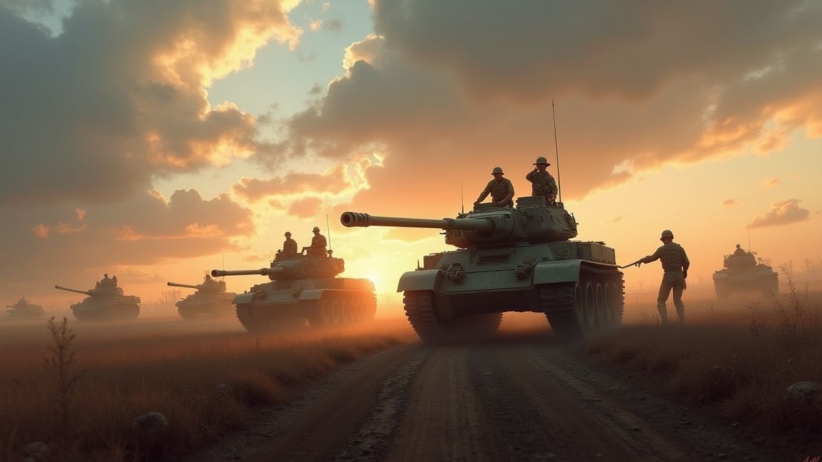 Campo de batalha com tanques e soldados avançando sob um céu dramático.