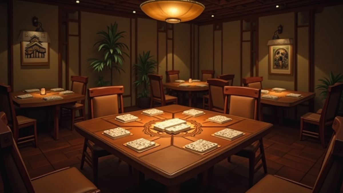 Sala de juegos con decoración oriental y fichas de Mahjong.