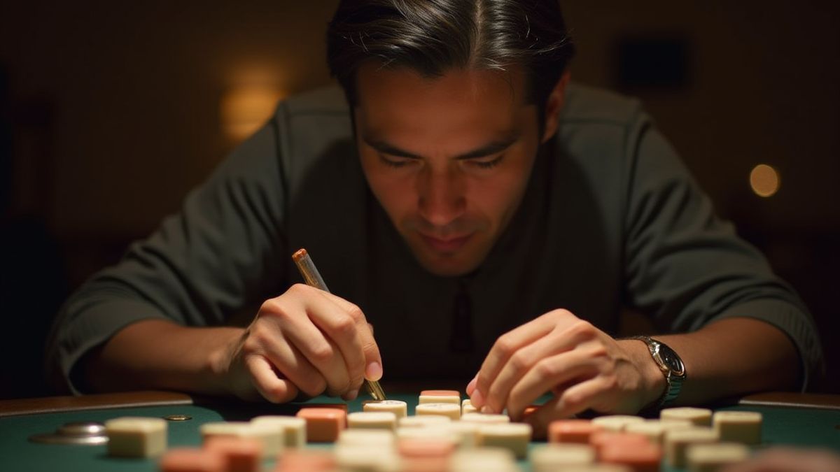 Jugador de Mahjong concentrado en su estrategia.