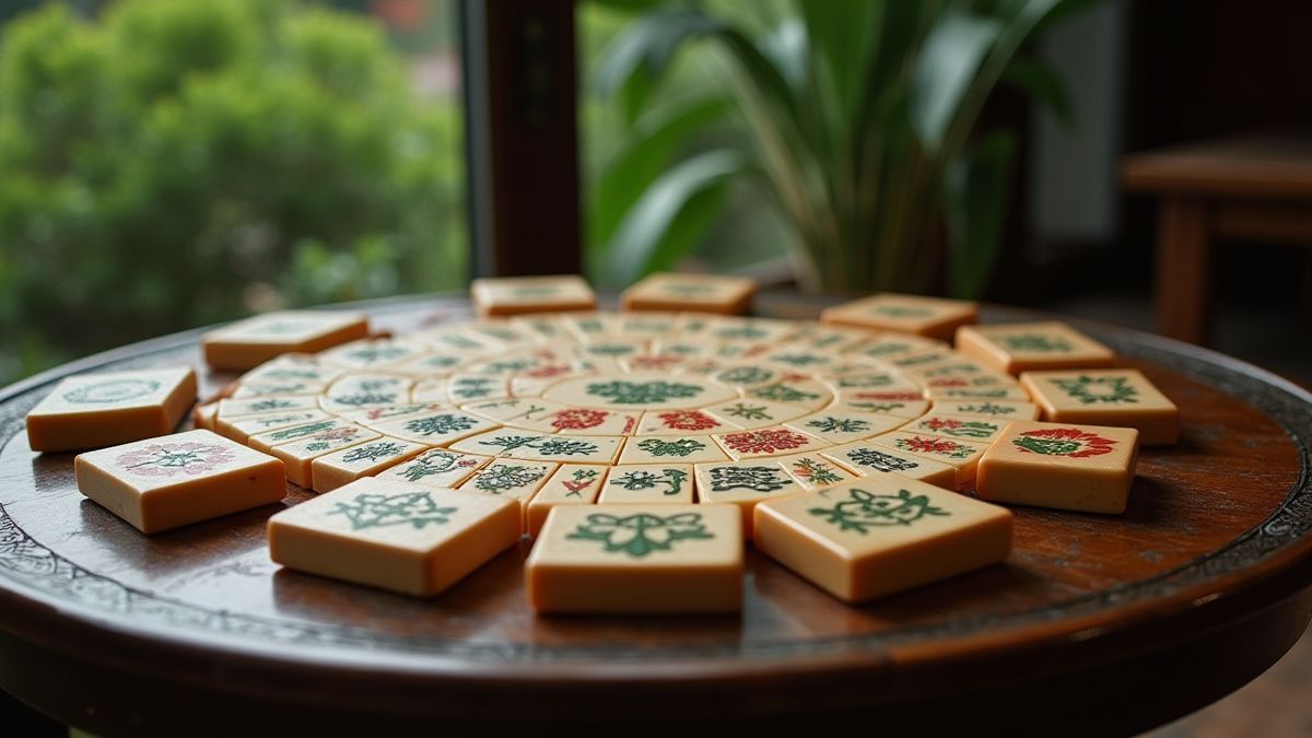 Mesa de Mahjong tradicional en un jardín chino.