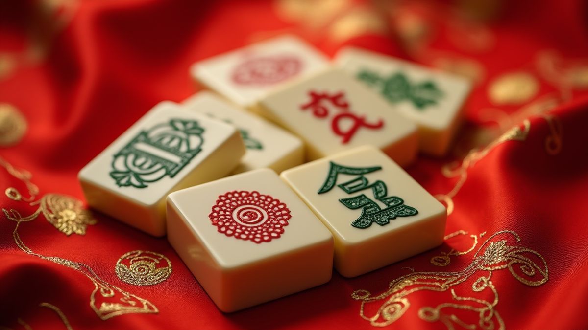 Fichas de Mahjong sobre tela de seda roja.