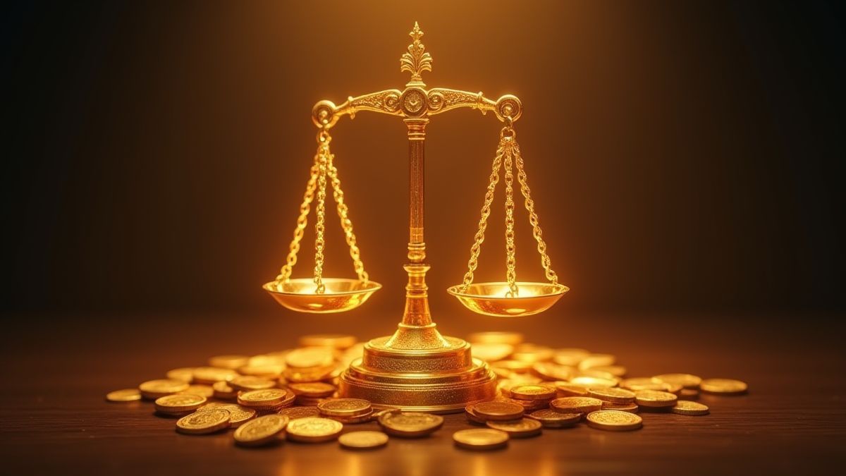 Uma balança de justiça brilhante cercada por moedas douradas.